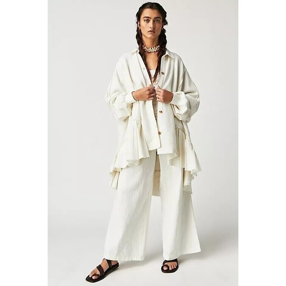 Free People Buttondown Sweatshirt Top Oversized Ruffle White Cotton S NEW 265194